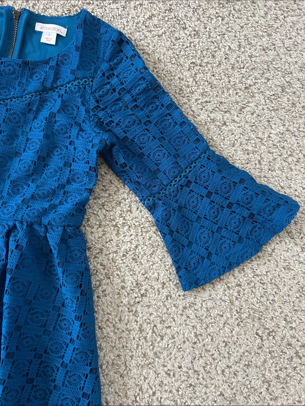 Girls' Blue Lace Fit-and-Flare Dress with Bell Sleeves